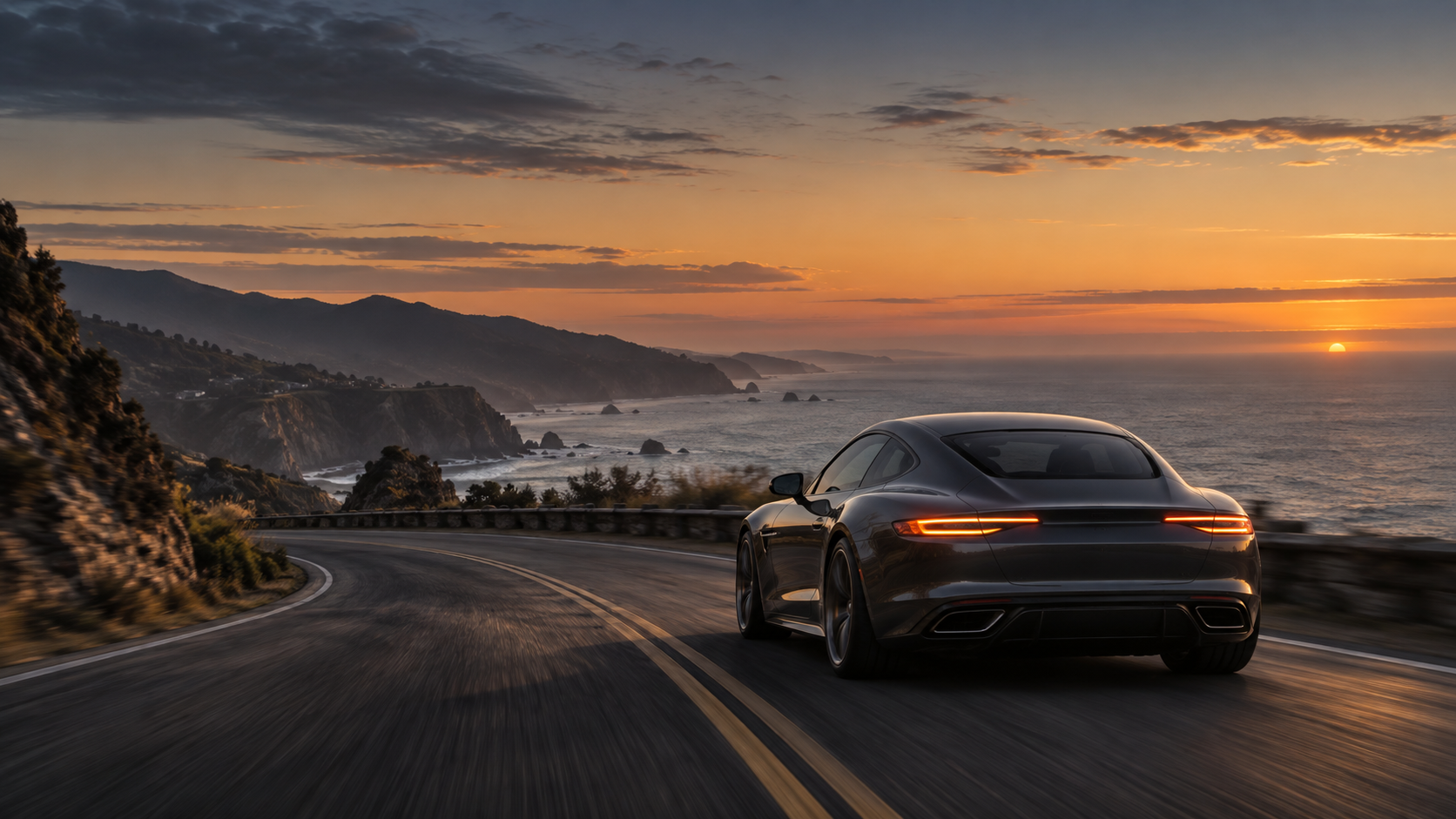 Illustrative graphite coupe on a coastal road at dusk